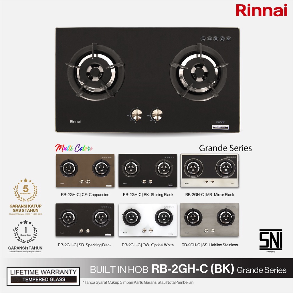 Rinnai Kompor kaca Tanam RB 2GHC (sb) varian warna hitam/coklat/hitam miror/putih/hitam mengkilap/st