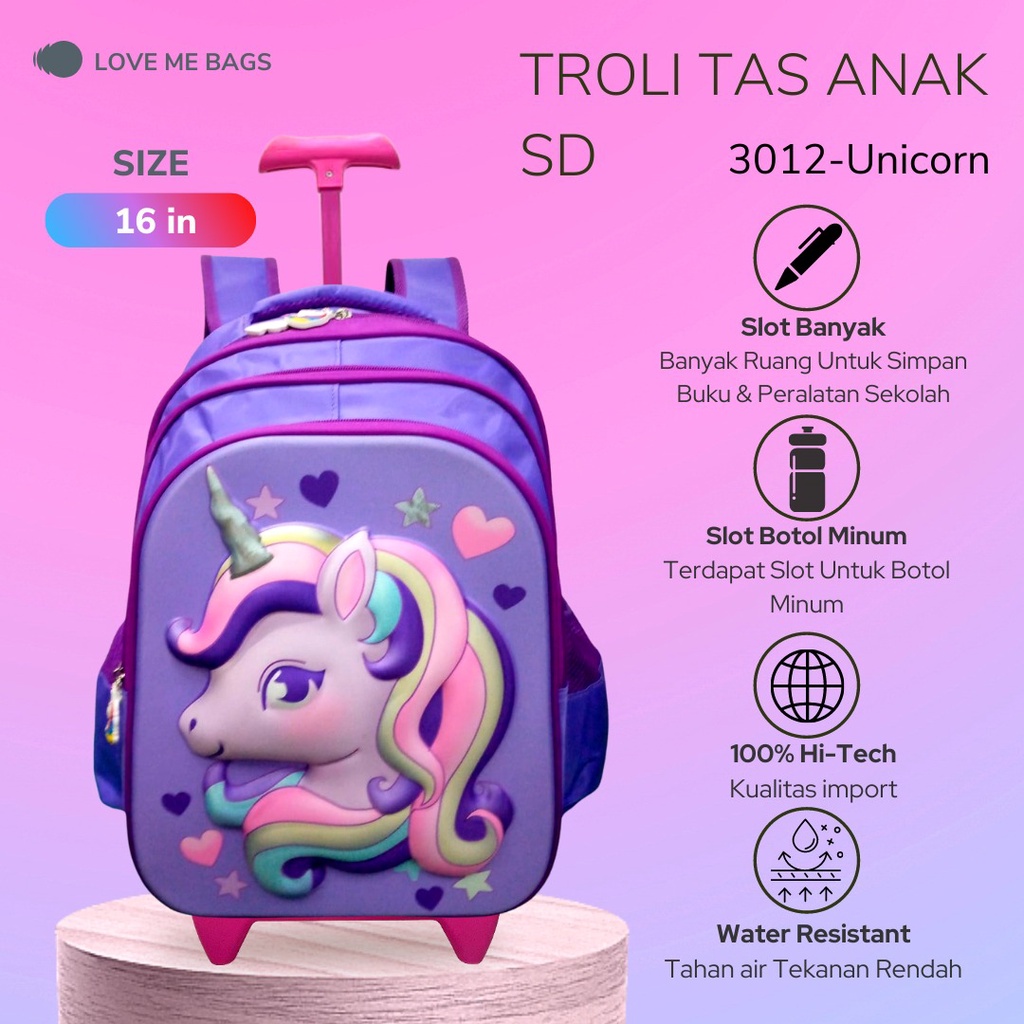 LMB Tas Troli Anak Perempuan SD Gambar Karakter Kuda Poni Unicorn Timbul 6D Import Bahan Nilon Premium