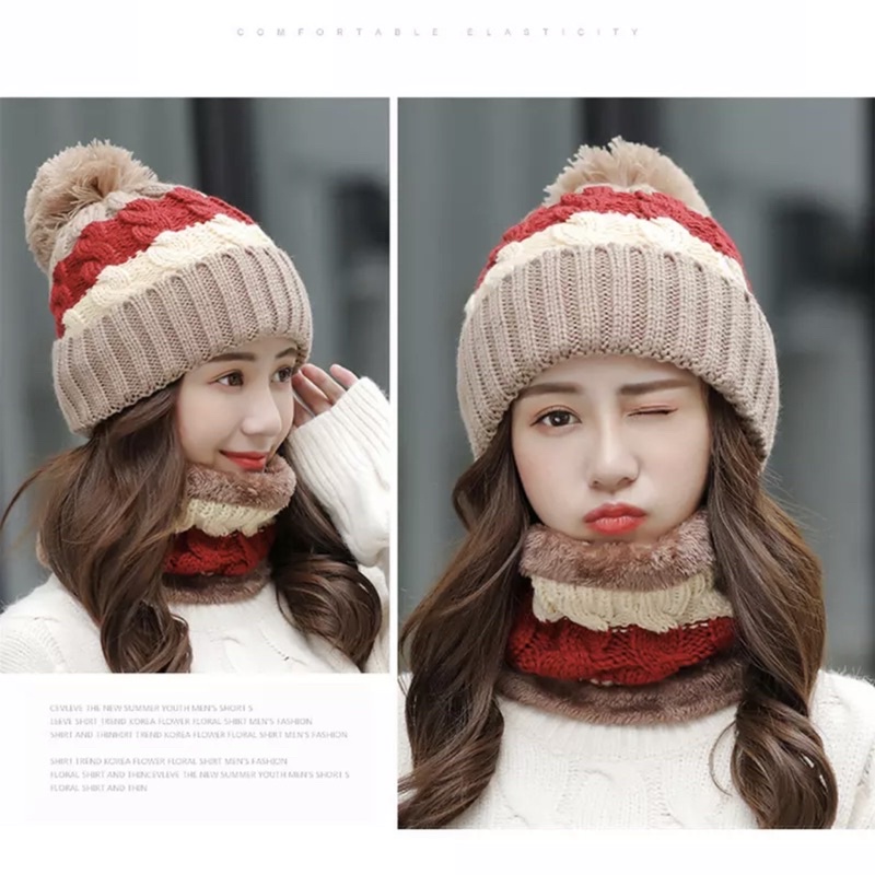 Topi kupluk wanita hangat import rajut winter hat musim dingin korea anak beanie set neck warmer kim