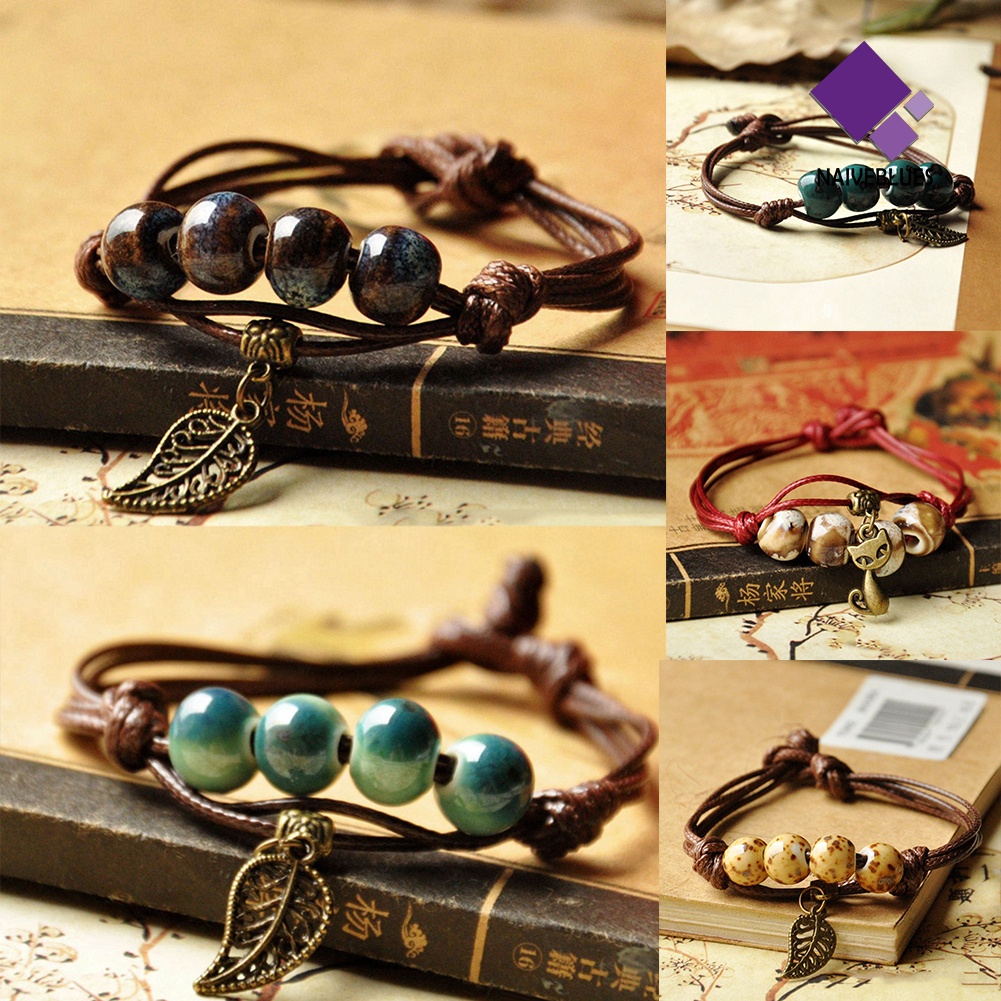 Gelang Tenunan Tangan Desain Daun Kucing Bahan Keramik Gaya Etnik Untuk Wanita