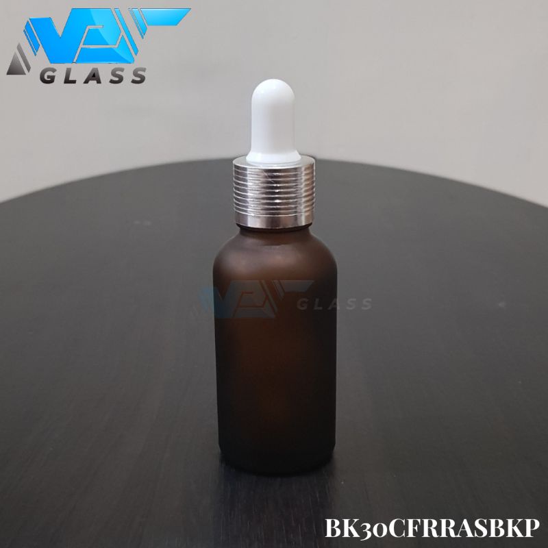 botol kaca pipet 30ml coklat frosted doff - ring almunium silver bergaris