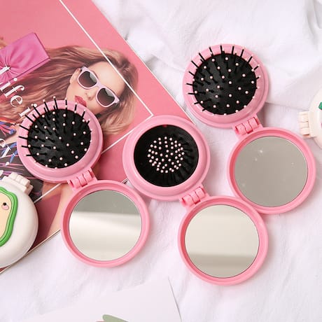 Cermin Kaca Lipat Sisir Rambut Mini Model Lucu Anti Rontok Bulat Portable 2 in 1