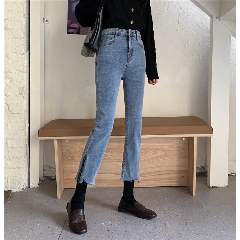 Celana Panjang Wanita Crop Jeans High Waist Straight Pants