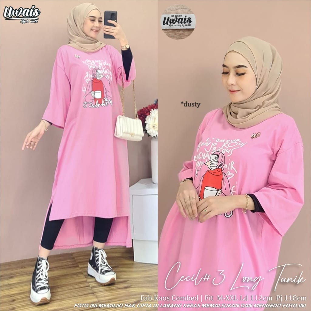 Pakaian Wanita Terbaru Cecil Long Tunik Matt Combed Aplikasi Sablon Baju Kaos Wanita Jumbo Midi Dress Muslim Tunik Panjang