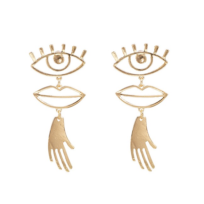 LRC Anting Tusuk Fashion Gold Alloy Eye Mouth Ear Stud F40239