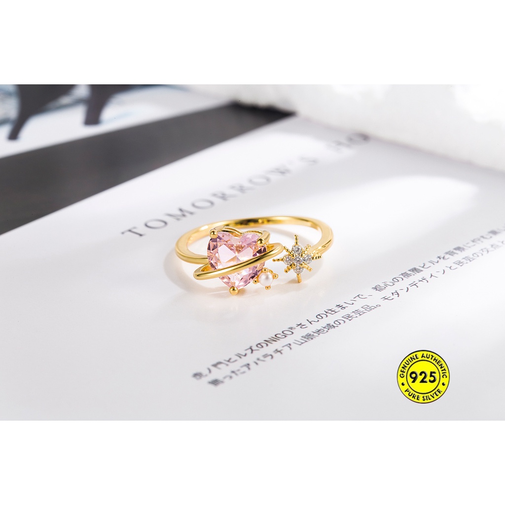 Cincin Model Terbuka Bahan Sterling Silver Gold Plated 18K Hias Zircon Pink Untuk Wanita