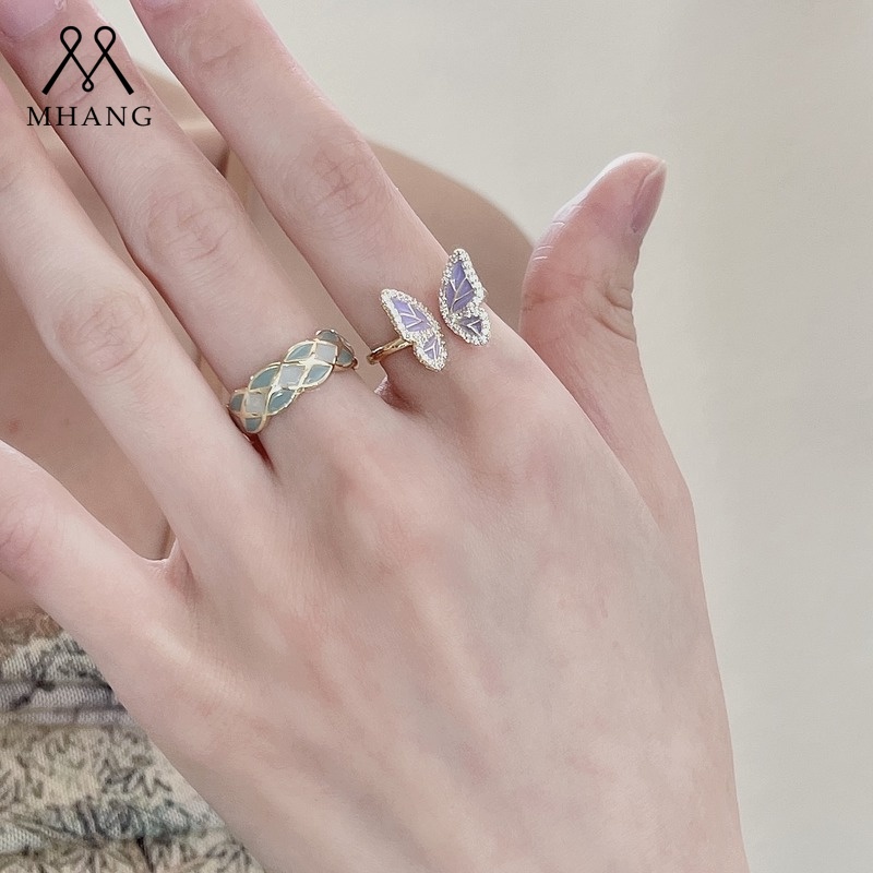 Cincin korea Model Terbuka Desain Kupu-Kupu Ungu Aksen Mutiara Berlian Gaya Vintage