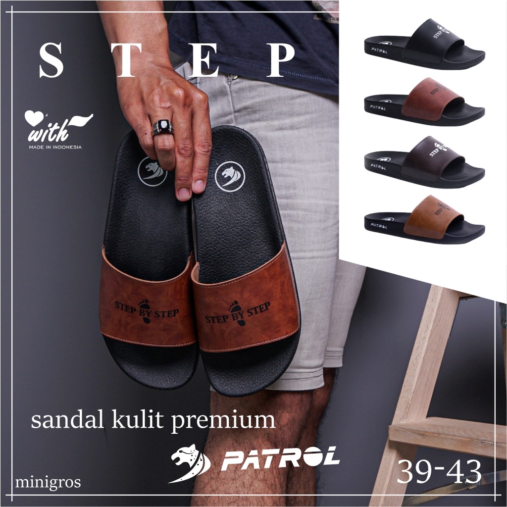 Patrol STEP Sandal Slop Pria Keren Sandal Slide Casual Cowok  Kekinian Bahan Kulit Terbaru