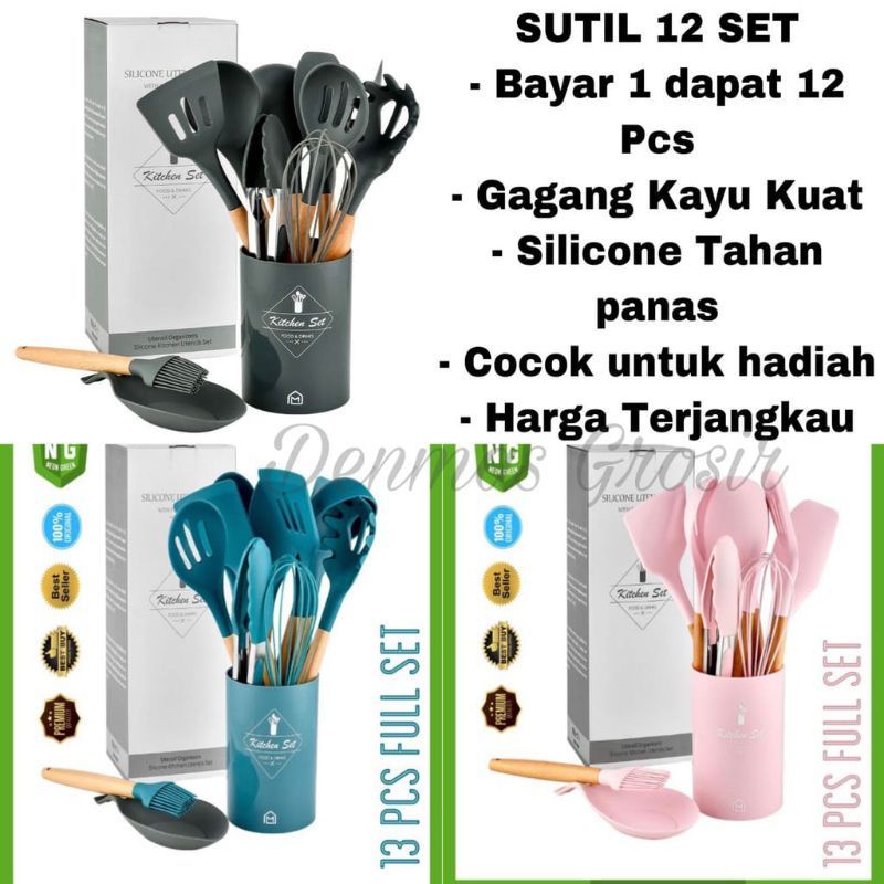 (PROMO) Spatula Silikon 12pcs / Spatula Silikon Set Lengkap / Utensil Tahan Panas / Penggorengan Silikon Anti Lengket