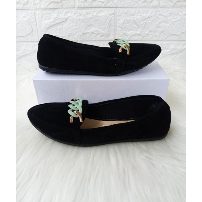 Sepatu Balet Wanita Terbaru Model Rantai Warna Tosca Flatshoes Kerja Santai Rumahan Murah Bisa COD