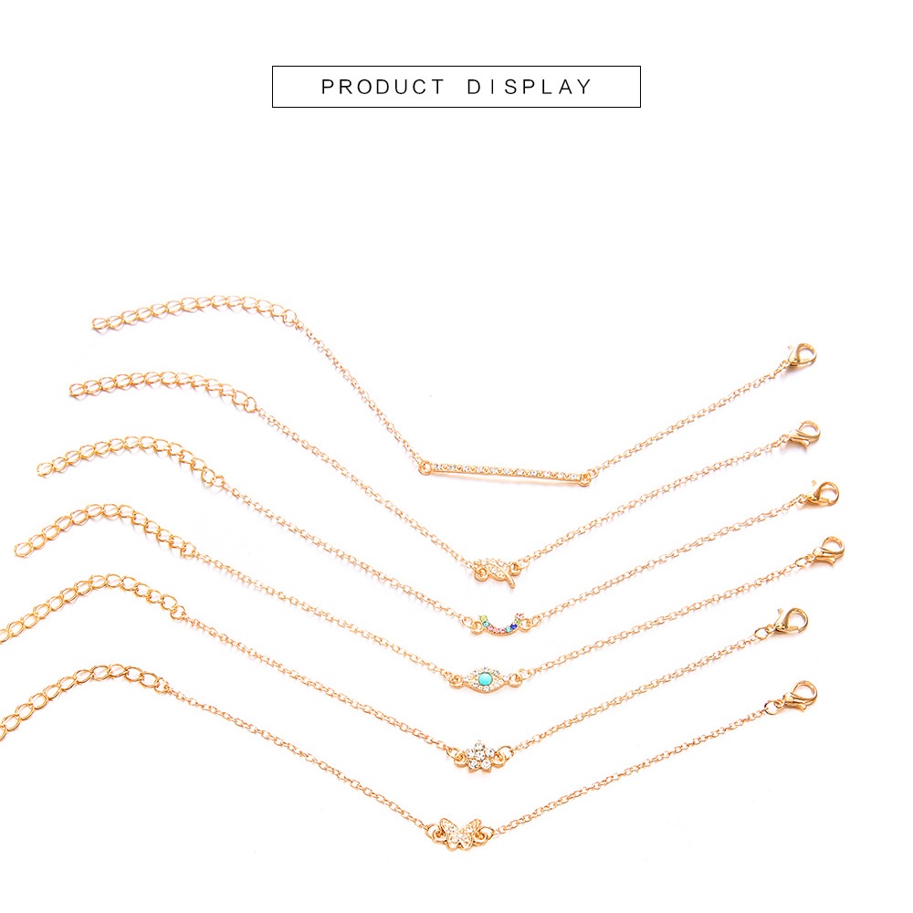 6pcs / Set Gelang Desain Kupu-Kupu Daun Mata Turquoise Aksen Berlian Gaya Simple Untuk Wanita