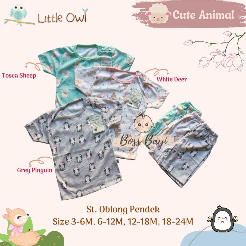 LITTLE OWL Setelan Oblong Pendek Kancing Pundak 3-6M, 6-12M, 12-18M, 18-24M Motif Girl