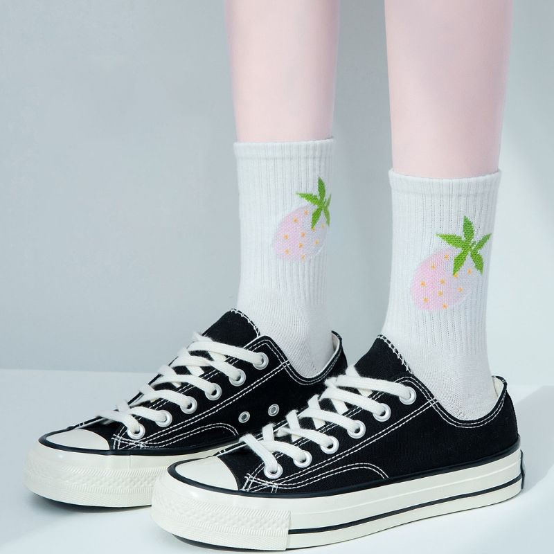 [COD] Kaos Kaki Putih Panjang Di Atas Mata Kaki Cute Motif Buah Bunga Kaos Kaki Wanita Import Ala Korea Fashion Import Women Sock