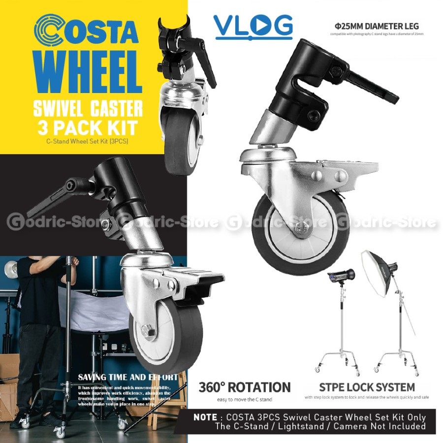 (3 PCS) COSTA Roda C Stand /Light Stand/Tripod 25mm Stainless Wheels