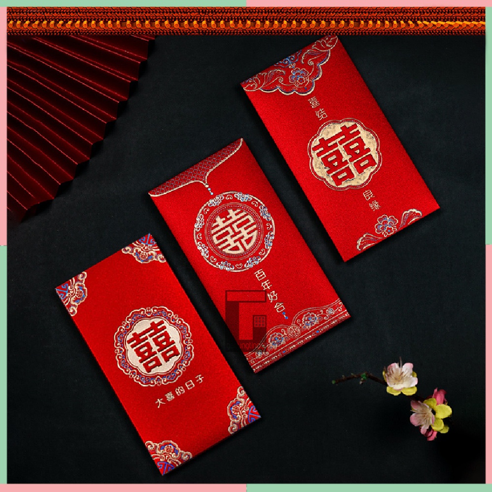 Kertas Amplop Angpao Angpau Ampao Hongbao Uang Hantaran Seserahan Lamaran Sangjit Wedding Pernikahan Nikah Shuang Xi Huangsi Suangsi Shuangxi Cina China Tionghoa Besar Jumbo Premium 3D Emboss Double Dobel Happiness Kebahagiaan Isi 6 Pcs