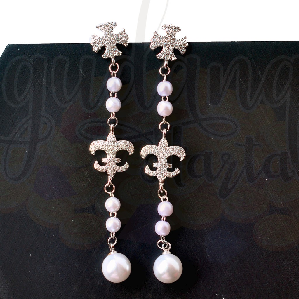 Anting Tusuk Wanita Cross Mutiara Kristal Panjang GH 203212