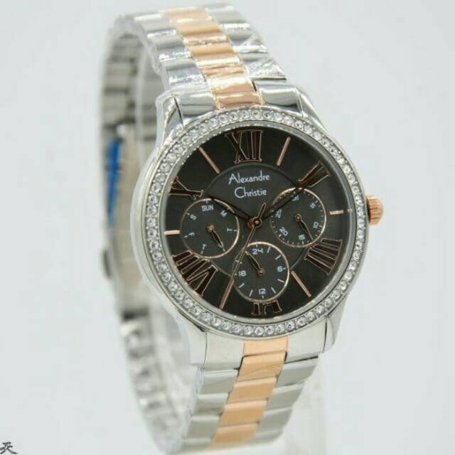 JAM TANGAN WANITA ALEXANDRE CHRISTIE 2642 CEWEK SILVER BLACK COMBINASI ORIGINAL