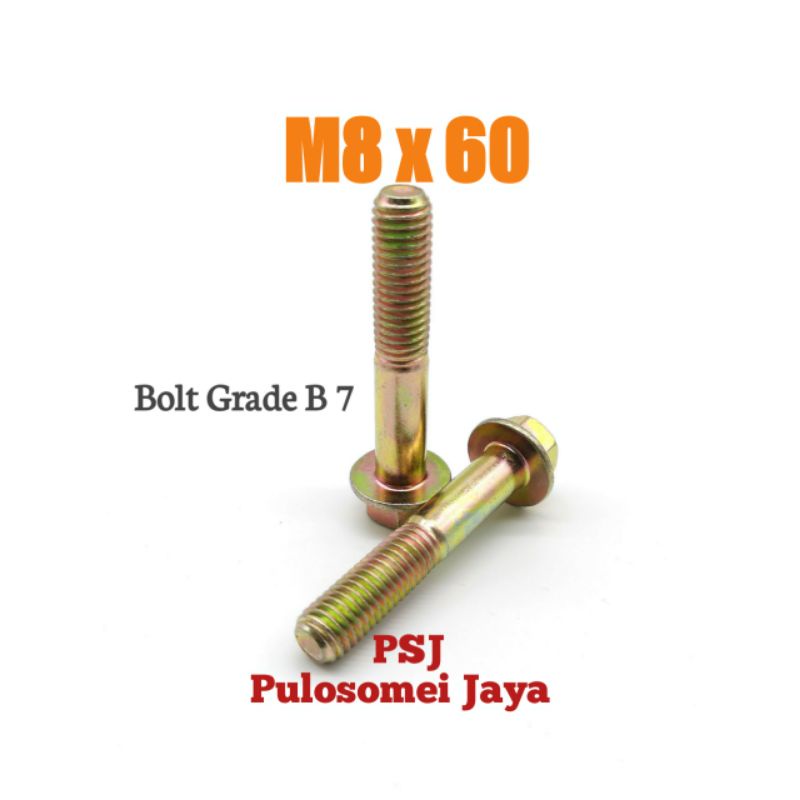 Baut Flange M8 x 60 / Flange Bolt Kuning M8 x 60 / Grade B 7