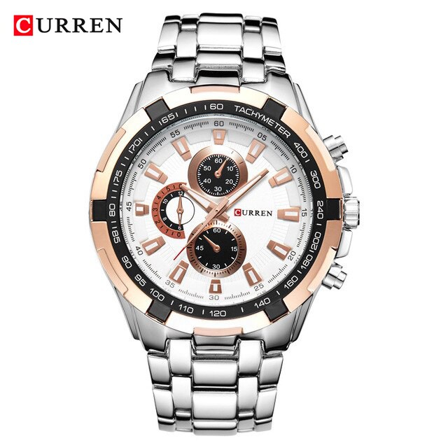 CURREN 8023 Jam Tangan Pria Analog Stainless Steel Chronograph Tidak Aktif ALL-TIME CURRENOS-Silver Gold-Putih