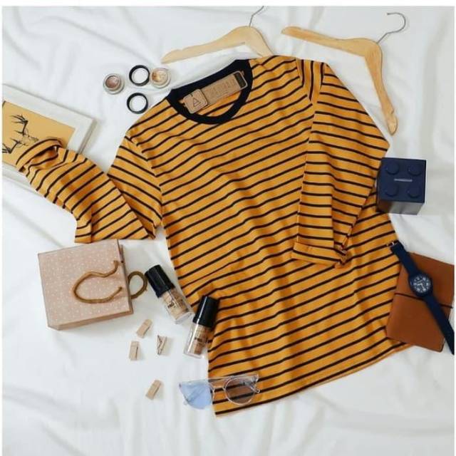 Download Kaos Stripe Lengan Panjang Dominan Kuning Mustard | Shopee Indonesia