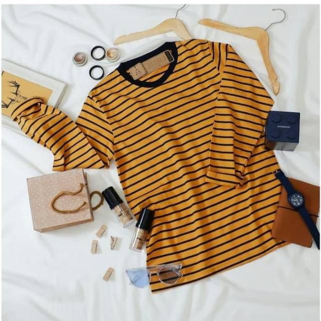 Jual Kaos Stripe Lengan Panjang Dominan Kuning Mustard Indonesia|Shopee