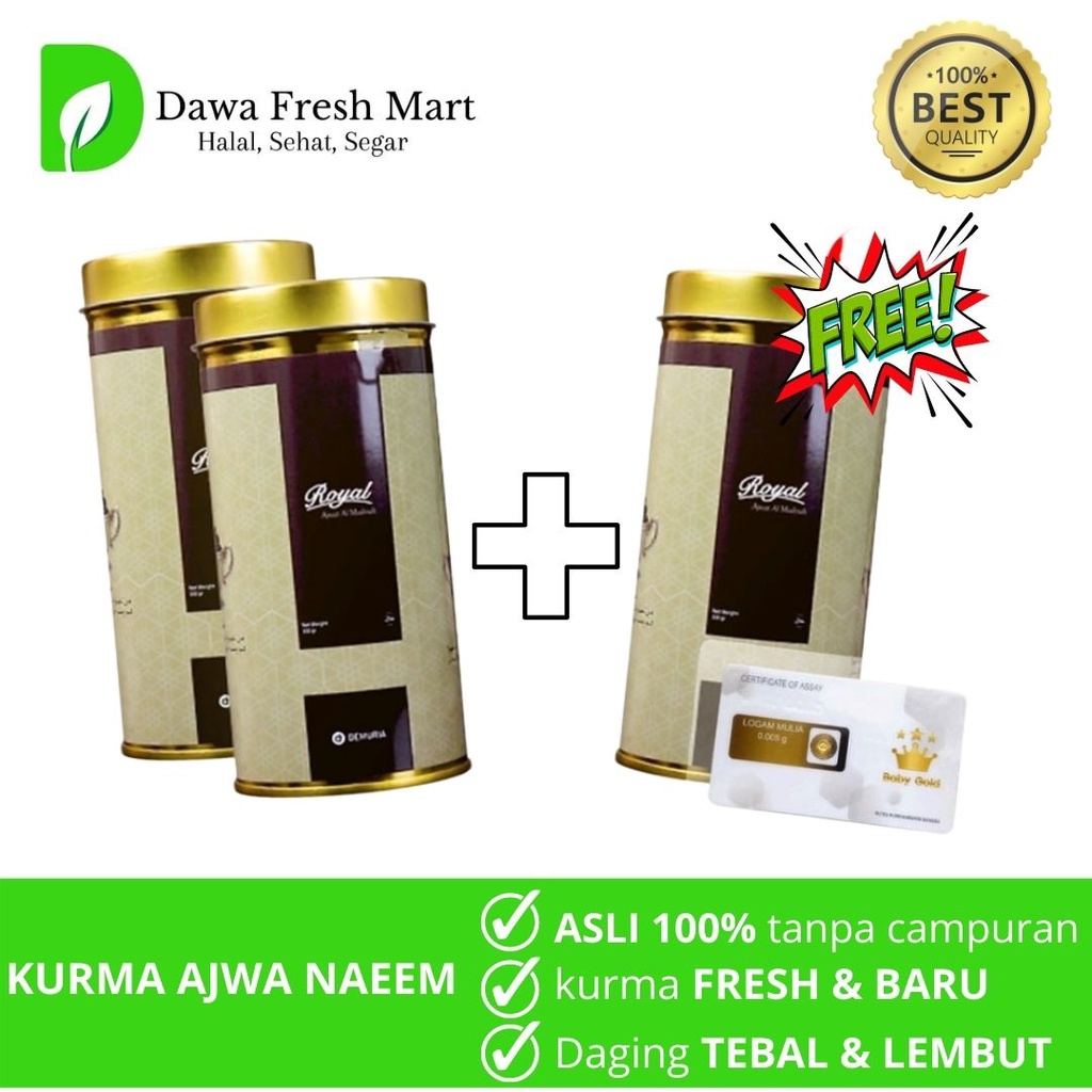 

Kurma Ajwa Royal 260gr 2pcs (Free Ajwa Royal 260 + Baby Gold) Kurma Ajwa Al-Madinah