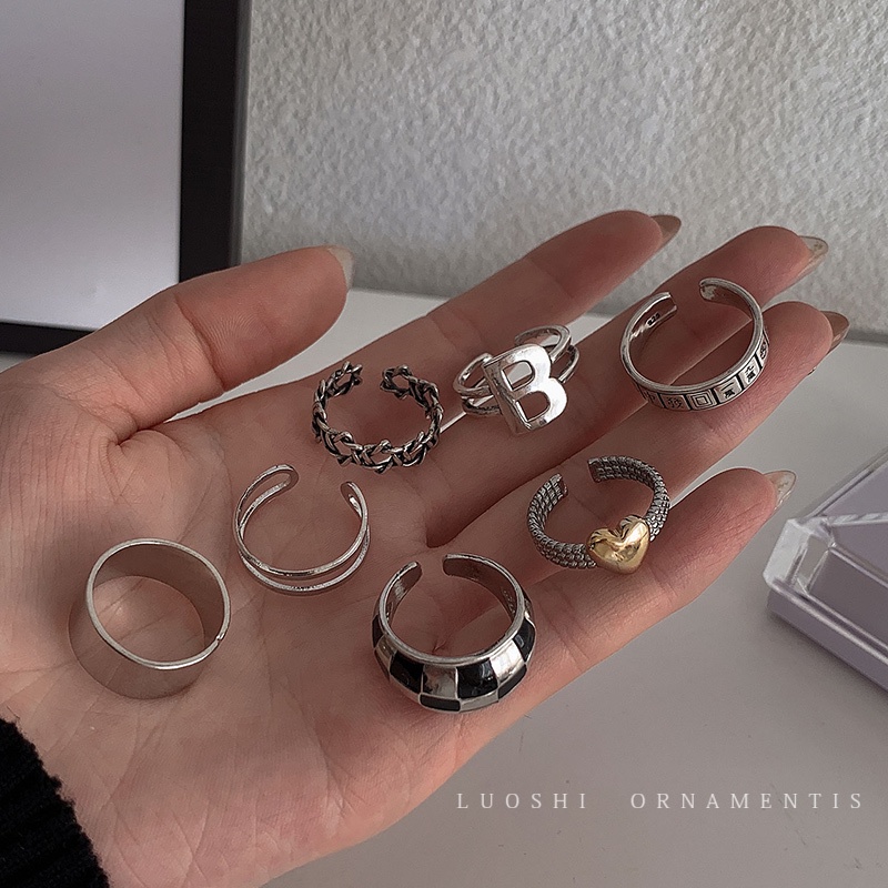 Set Cincin Desain Papan Catur Hati Warna Silver Untuk Wanita