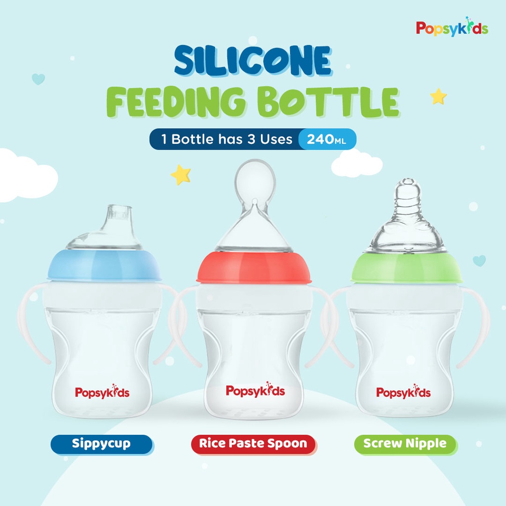 PopsyKids Baby Silicone Milk Bottle Spoon and Sippy cup Nipple 3 in 1 Botol Susu Bayi Silikon Dot Sendok dan SippyCup 3in1