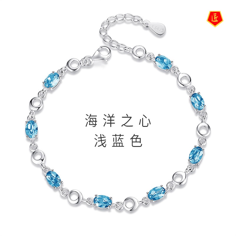 [Ready Stock]Inlaid Sea Blue Topaz S925 Silver Bracelet Female