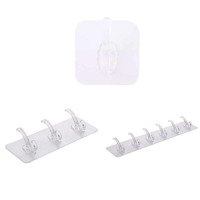 1/3/5/6 Nail-free Self Adhesive Transparent Row Hook/Space Saving Strong  Seamless Storage Hooks / Heavy Duty Door Wall Mounted Simple Storage Holder/Bathroom Kitchen Coats Bag Hats Towels Key Storage  Rack  / Home Office Multifunction Wall Racks