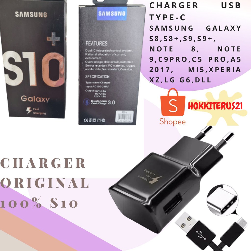 HOKKITERUS21 Batok Charger travel adapter s10+ original 3.0 fast charging kabel cable type c Hitam