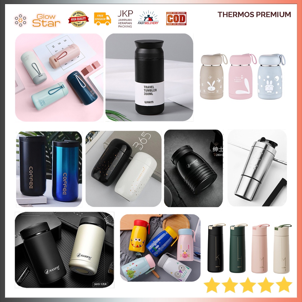 Botol Minum Thermos Mini Stainless Steel 280/350/400/450/800 ml Premium awet tahan lama cute bunny pink biru coffee Green hijau Biru Muda