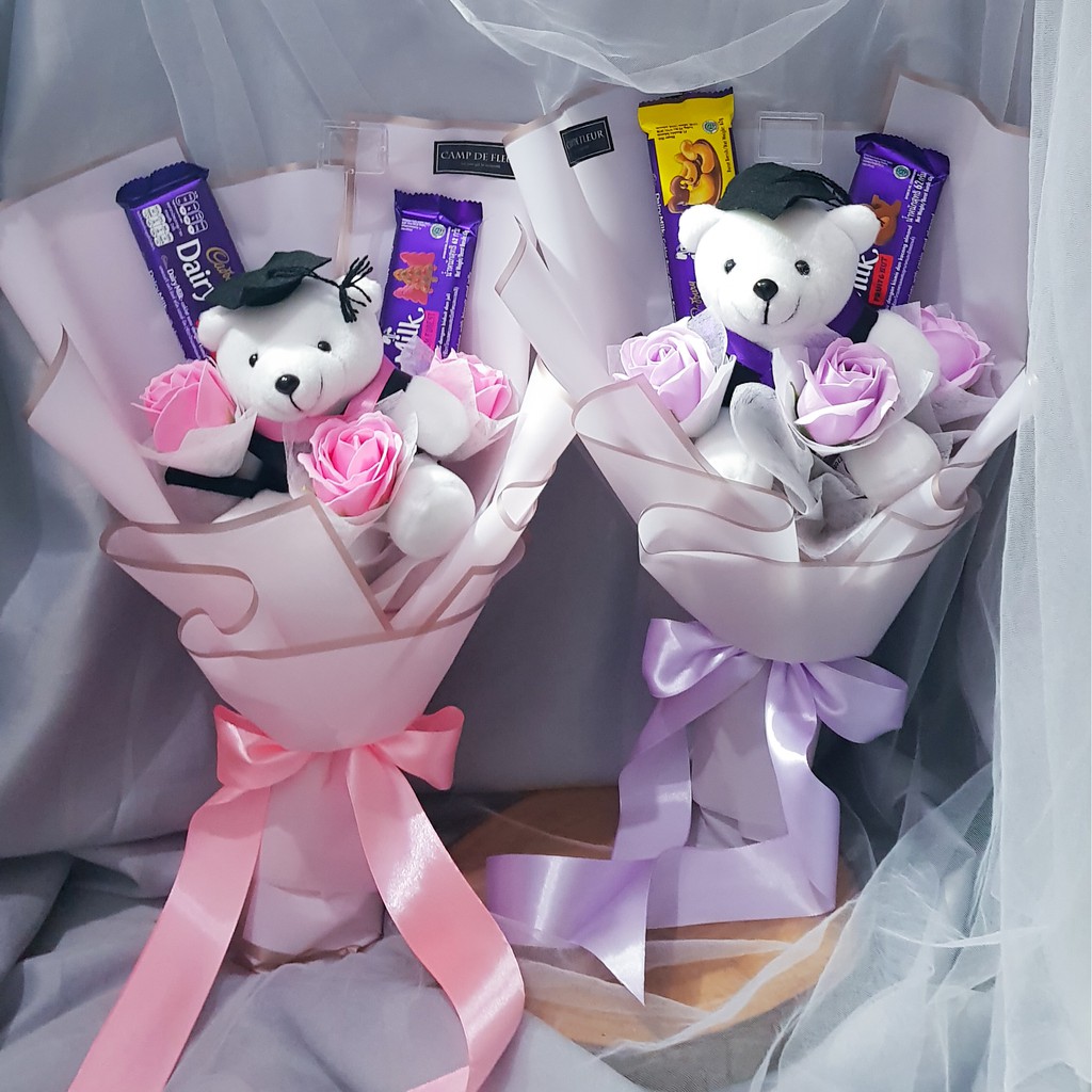 3stems Soap Flower & 2 Cadbury Bouquet with Graduation Doll Buket Wisuda Buket Bunga Sabun Buket Cok