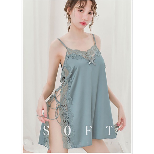 Sexy Lingerie Wanita Halter Seksi dengan Set Lingerie Leher V Celah Samping Baju Tidur 3A512