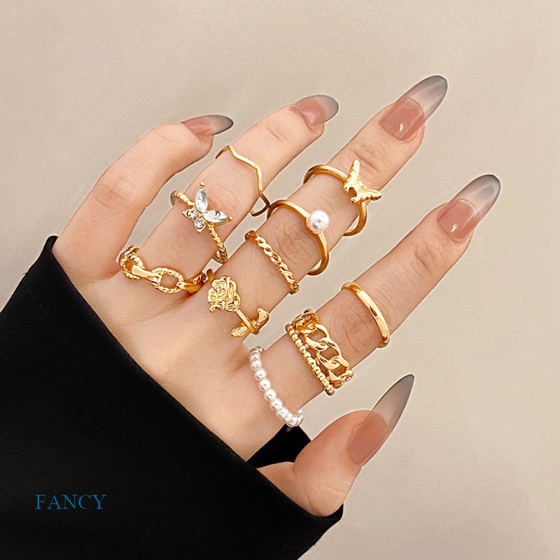 10pcs / Set Cincin Rantai Geometris Desain Kupu-Kupu Bunga Mawar Aksen Mutiara Kristal Gaya Bohemian Untuk Wanita