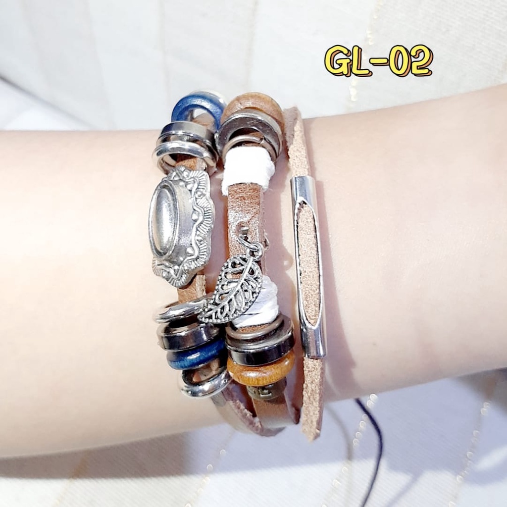 Gelang Motif DAUN Bahan Tali Kulit Yang Dapat Diatur GL-02 Tali Coklat