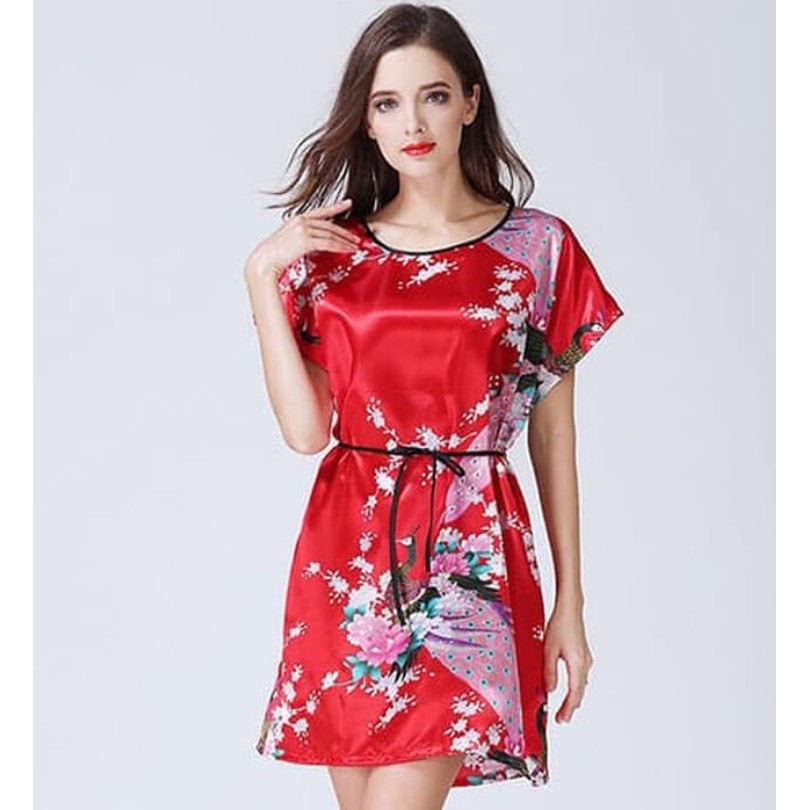 Baju Tidur Daster Satin Korea Fashion MERAK Wanita Peacock Babydoll Fashion Silk Sleepwear-MERAH