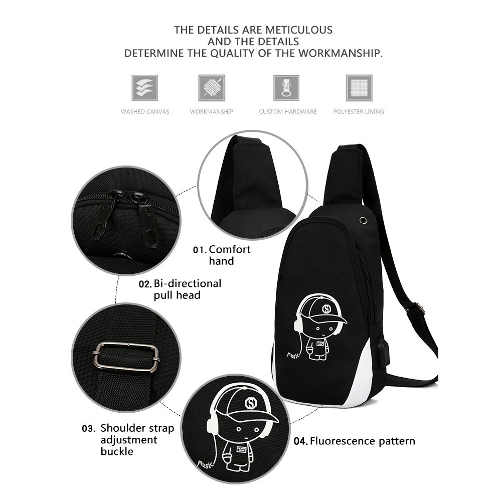 Mainland Luminous Tas Selempang USB Charger Sling Bag Tas Slempang Dada Anti Air Anti Maling TCS04
