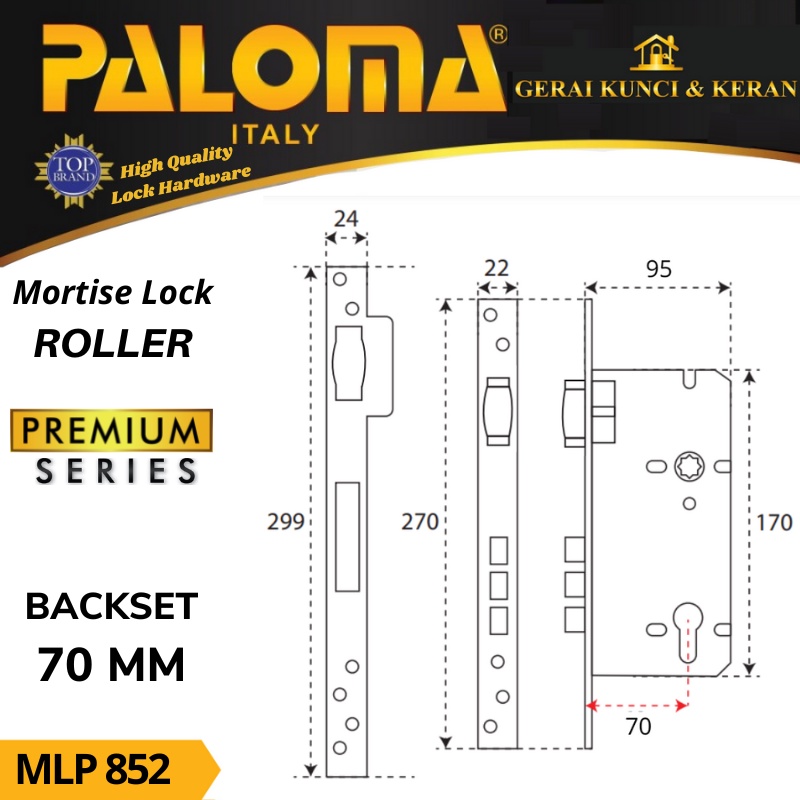 BODY KUNCI  PELOR PALOMA 70 MM MLP 852 STAINLESS STEEL SUS 316 MORTISE LOCK PREMIUM ROLLER