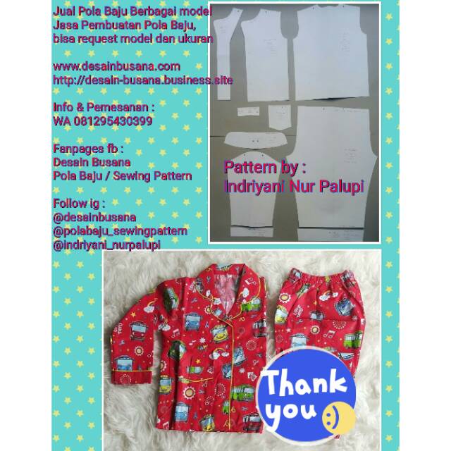 Pola produksi piyama anak kerah rever 01 [ pola baju sewing pattern ]