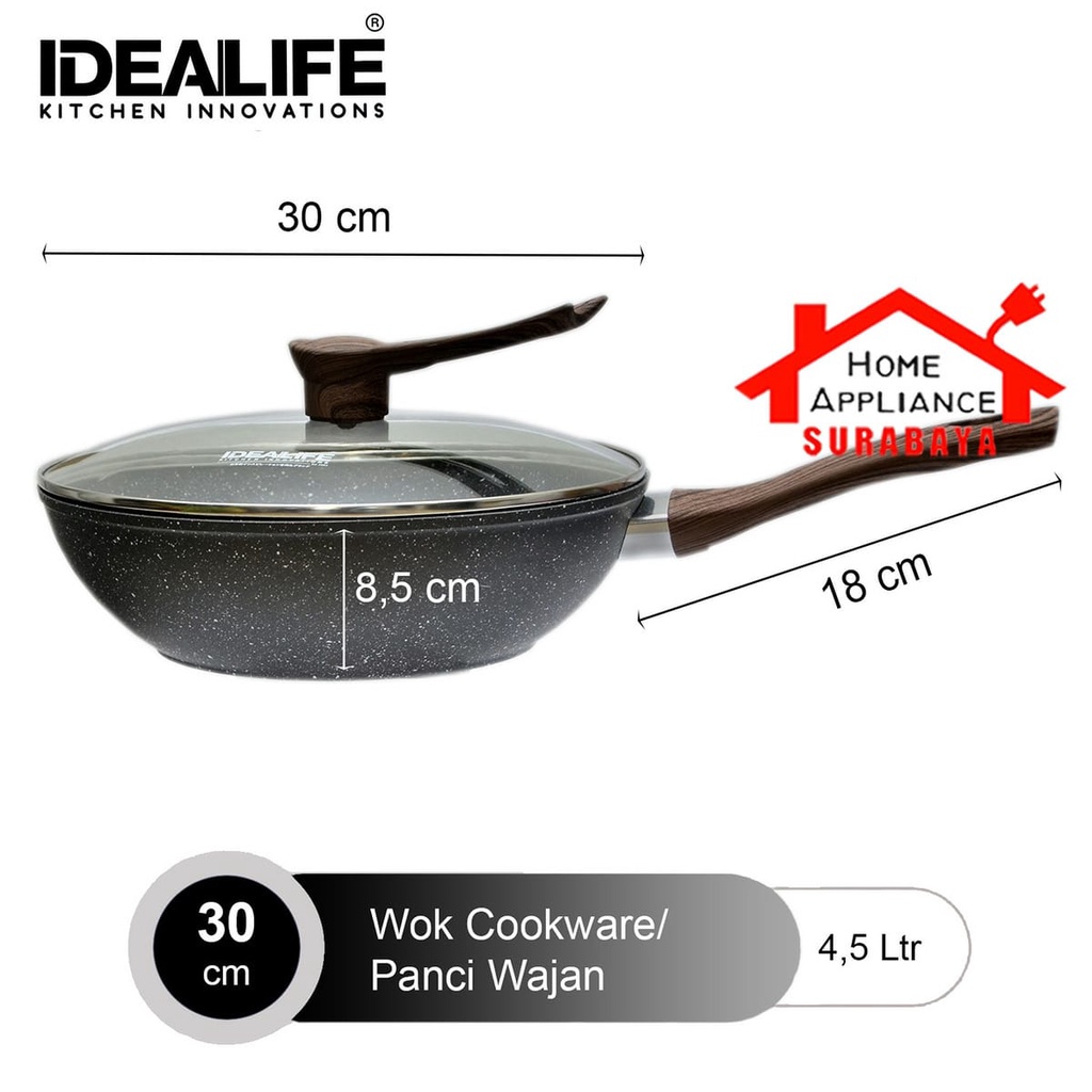 IDEALIFE Panci Wajan - Wok Cookware Marble Anti Lengket + Tutup Kaca Bonus Spatula 28cm IL-28WK / 30cm IL-30WK / 32cm IL-32WK