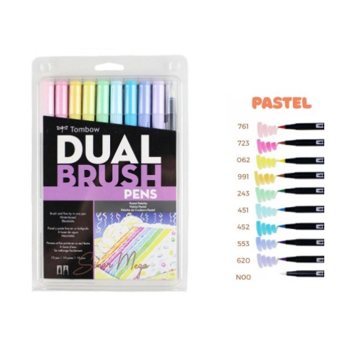 

kaligrafi-perlengkapan- tombow dual brush pen set with brush - pastel palette pack of 10