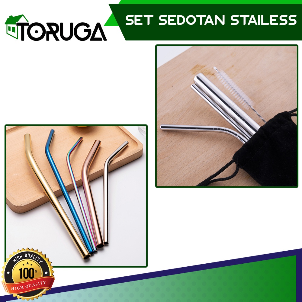 ECO Set 5 in 1 Sedotan Stainless Steel Reusable Ramah Lingkungan Warna Warni Praktis