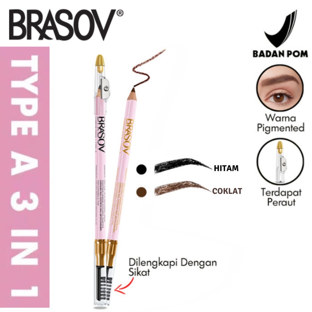 BRASOV Pensil Alis 3IN1 Serutan+Sikat Hitam Cokelat