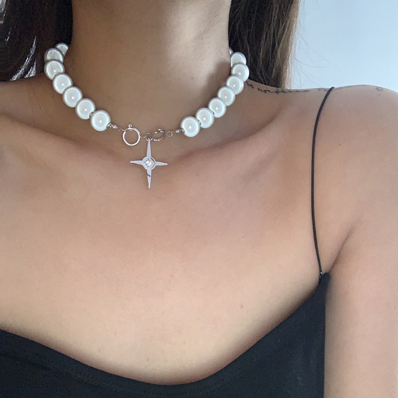 Reflective Beaded Cross Necklace Accessories Trendy Simple Chain