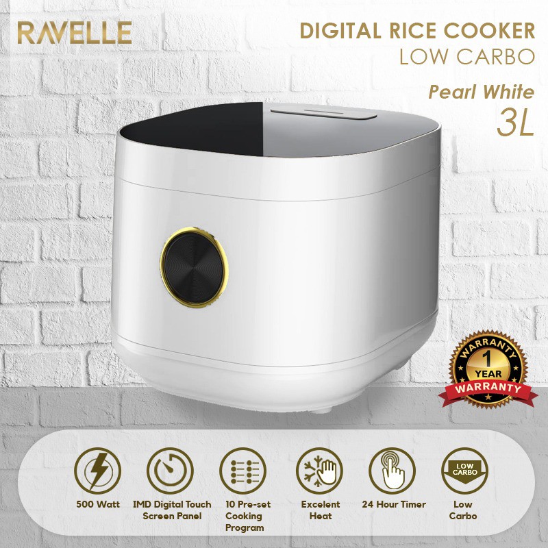 Ravelle Smart Digital Rice Cooker Low Carbo Low Sugar 3L - Pearl White