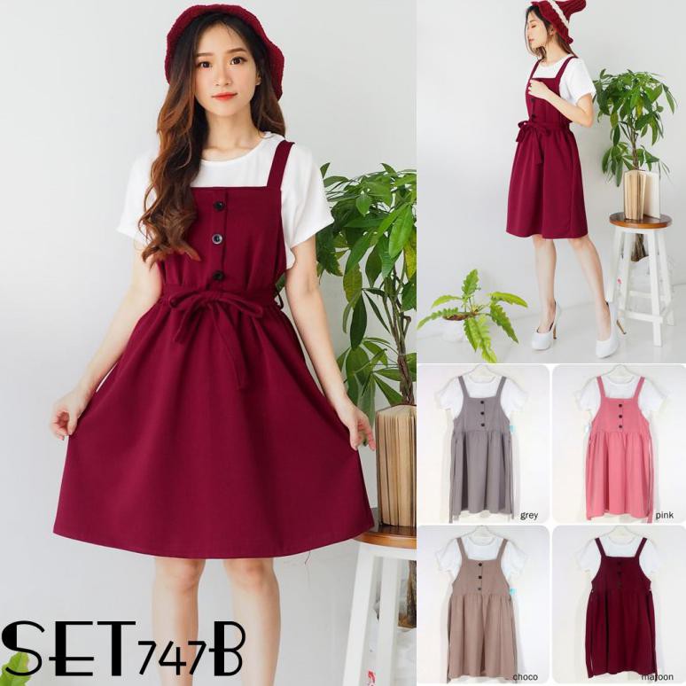 Baju setelan kaos overall dress polos pergi jalan santai casual fashion cewek wanita murah -747