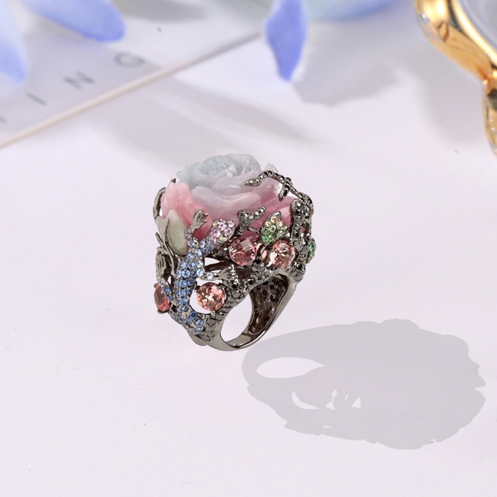 Hu Hu Hu Hu Hu Alat Bantu Pasang Kacamata♡ Cincin Wanita Desain Bunga Peony Lizard Hias Berlian Imitasi Untuk Pesta