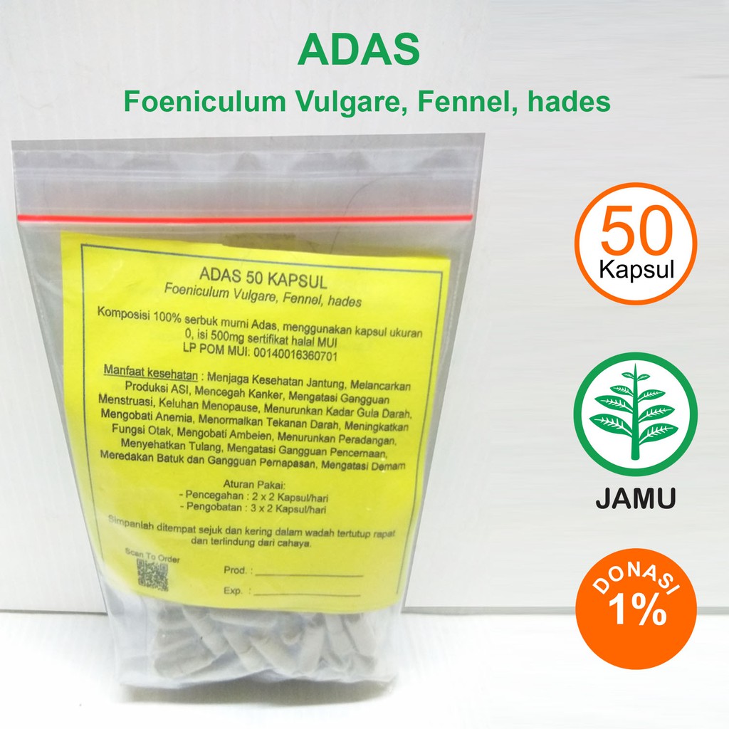 

ADAS FENNEL KAPSUL Gejala Menopause Pelangsing Radang Ambeien Anemia Jantung ASI Diabetes