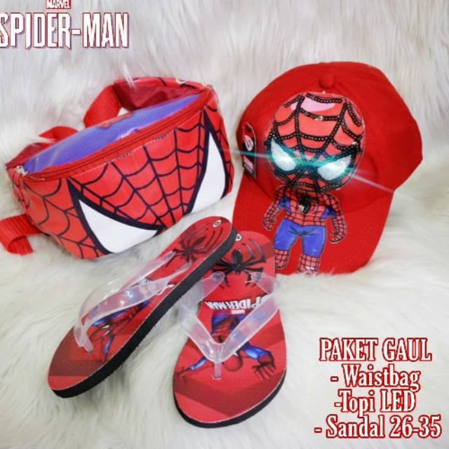 paket spiderman 3in1 waistbag spiderman , topi dan sandal tas ana cowok tas pria